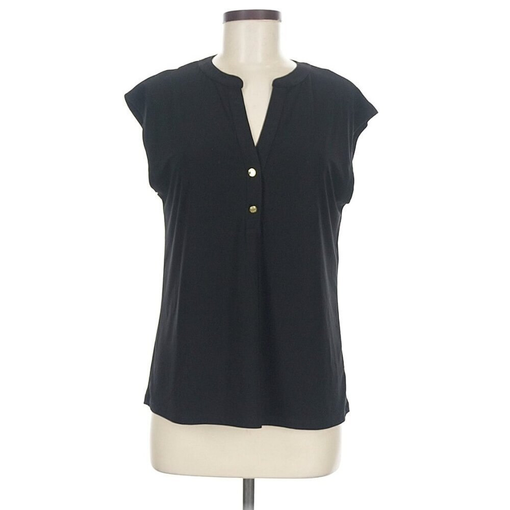 Anne Klein Women's Size Medium Popover Blouse Black Cap Sleeve 2 Button Stretch